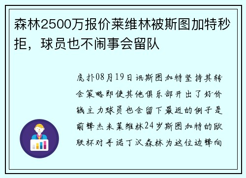 森林2500万报价莱维林被斯图加特秒拒，球员也不闹事会留队